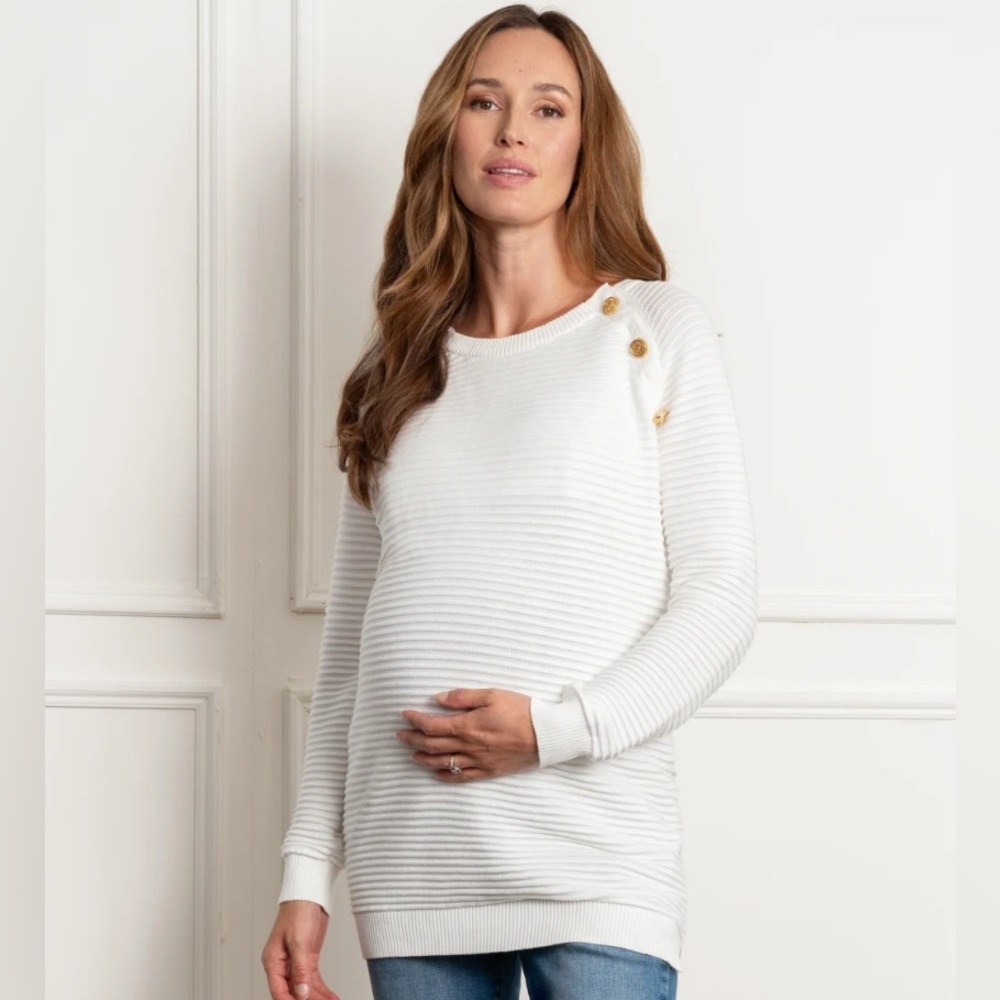 Seraphine Amalia Cream Ribbed Cotton Maternity / Nursing Sweater, Size Small